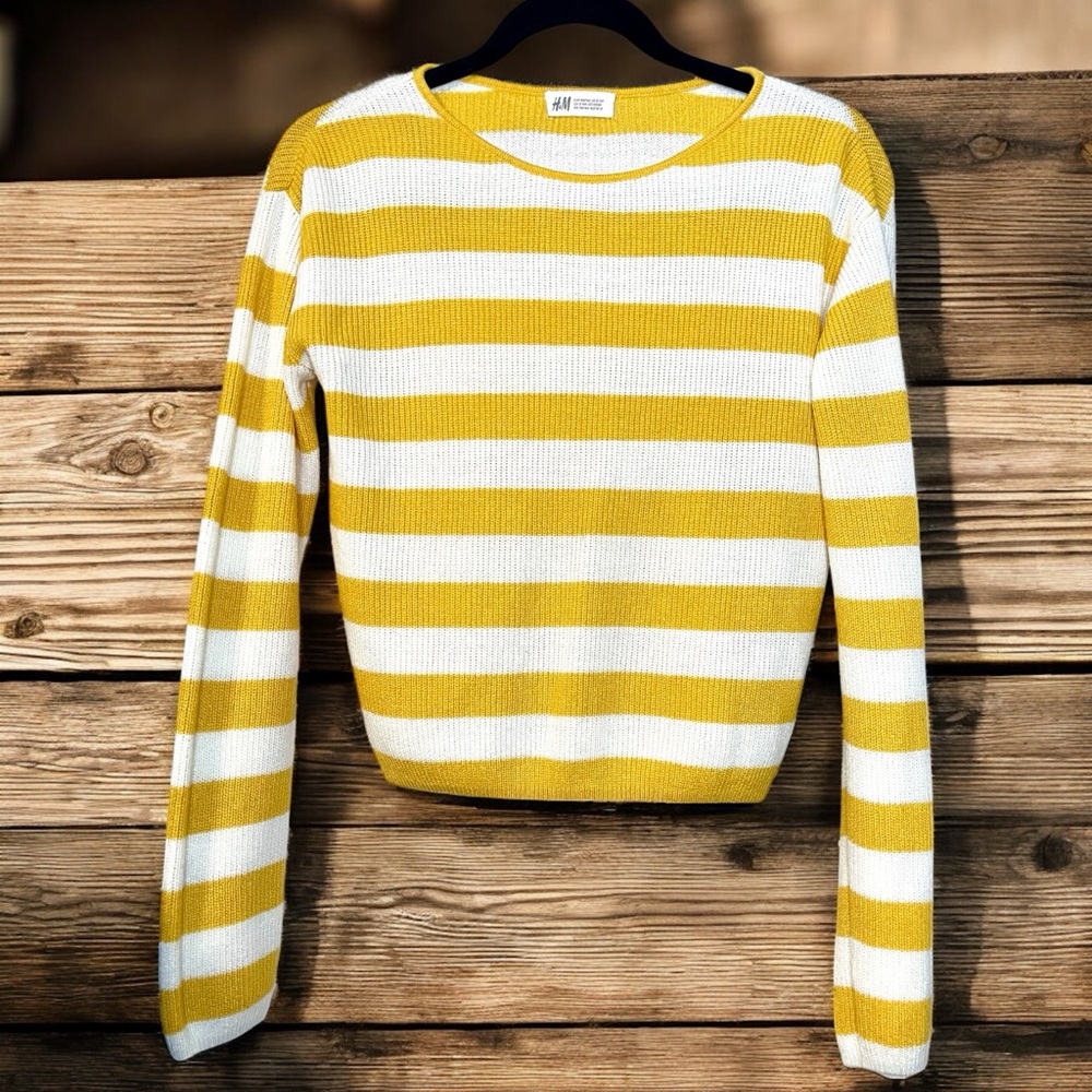 Girls 12/14 H&M yellow and white stripe knit sweater - Picture 2 of 3